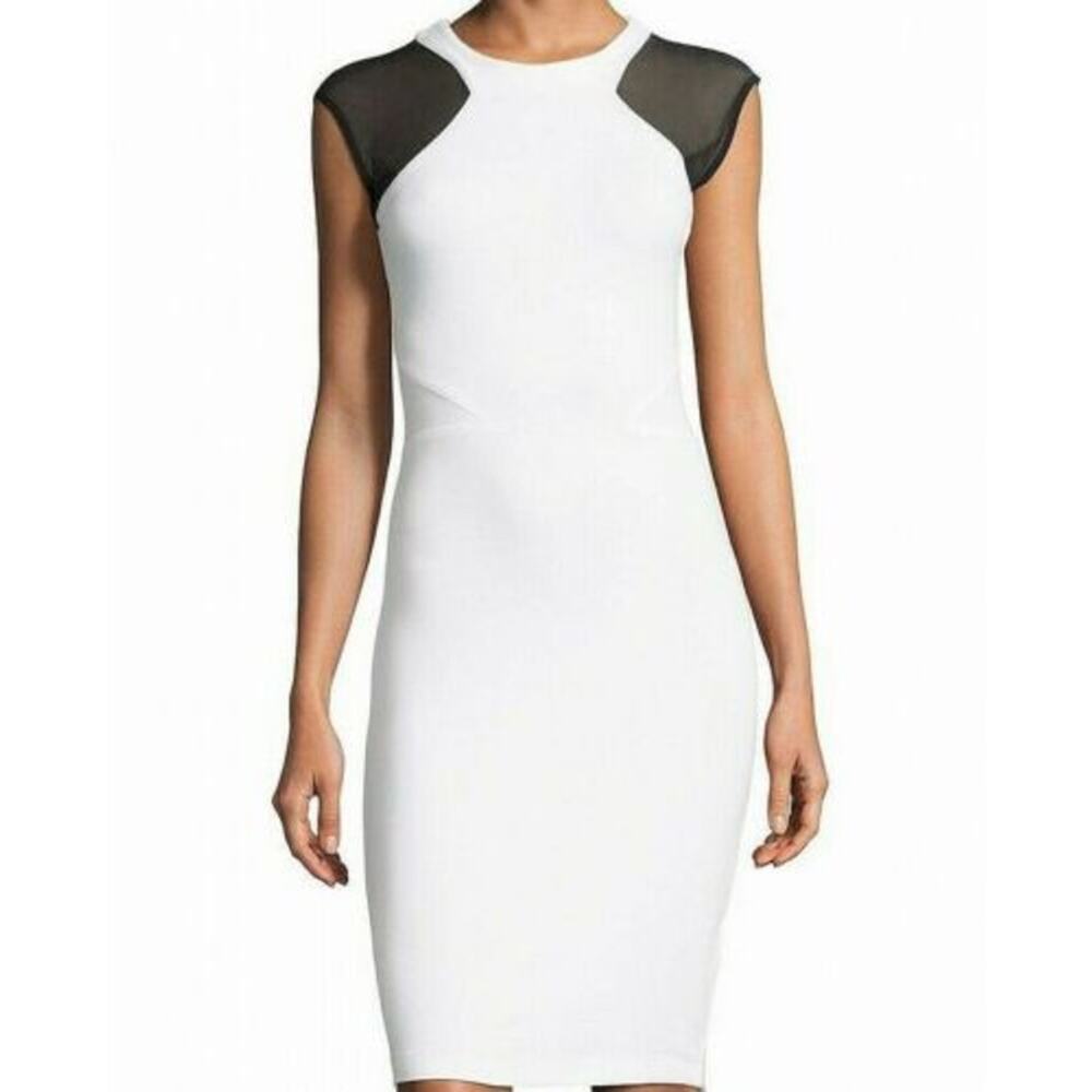 French Connection White Dress with Black Mesh Shoulders